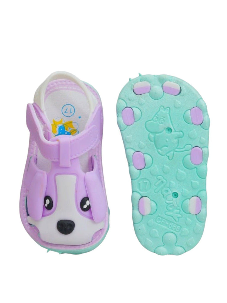 Playful Pup Purple Applique Sandals for Kids-Front & Back View