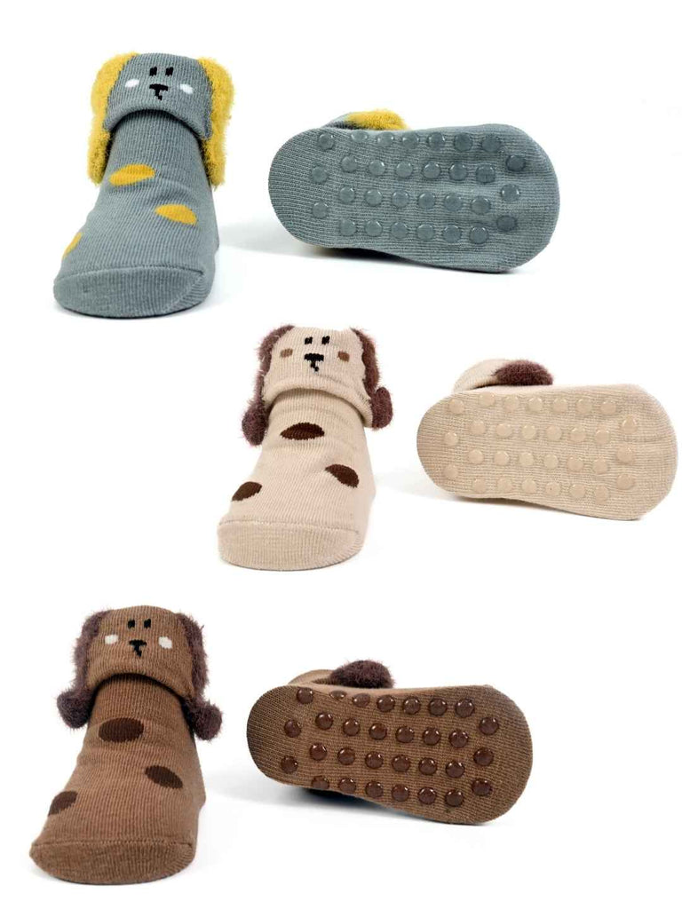 Playful Pups Baby Socks Set – 3-Pack of Floppy-Eared Puppy Booties in Cream, Brown & Grey-Front & Back View