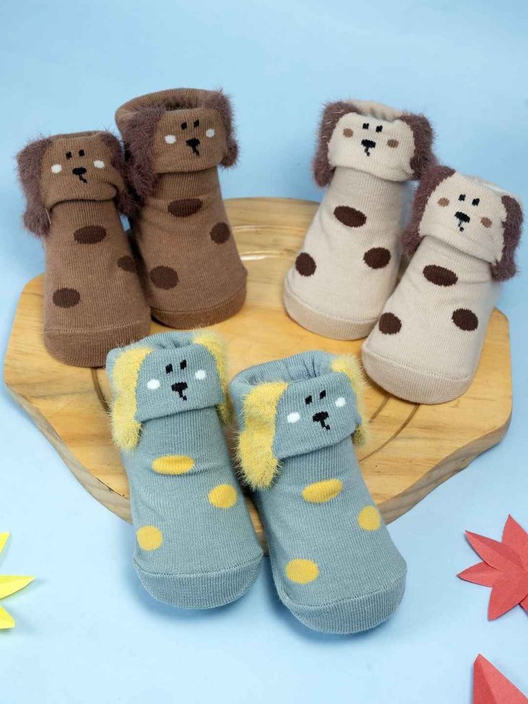 Playful Pups Baby Socks Set – 3-Pack of Floppy-Eared Puppy Booties in Cream, Brown & Grey- Creative view