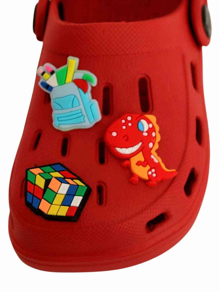 Playful Red Clogs with Backpack, Dinosaur & Puzzle Cube Charms for Boys- Front View