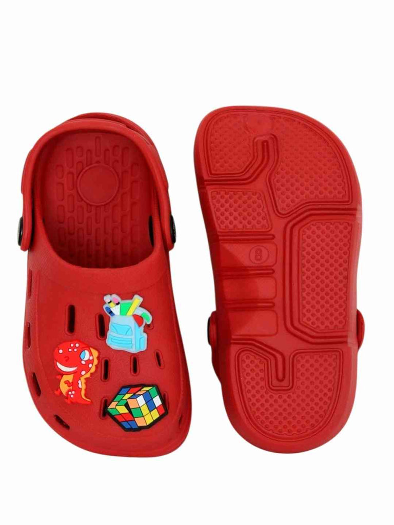 Playful Red Clogs with Backpack, Dinosaur & Puzzle Cube Charms for Boys-Front & Back View