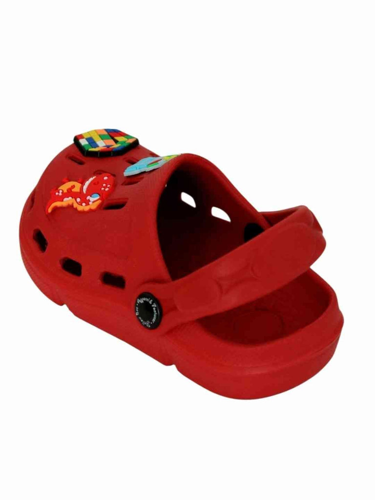 Playful Red Clogs with Backpack, Dinosaur & Puzzle Cube Charms for Boys- Back View