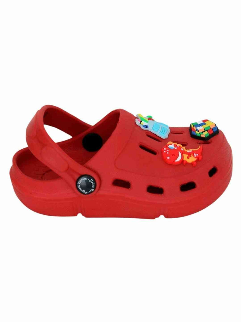 Playful Red Clogs with Backpack, Dinosaur & Puzzle Cube Charms for Boys- Side View