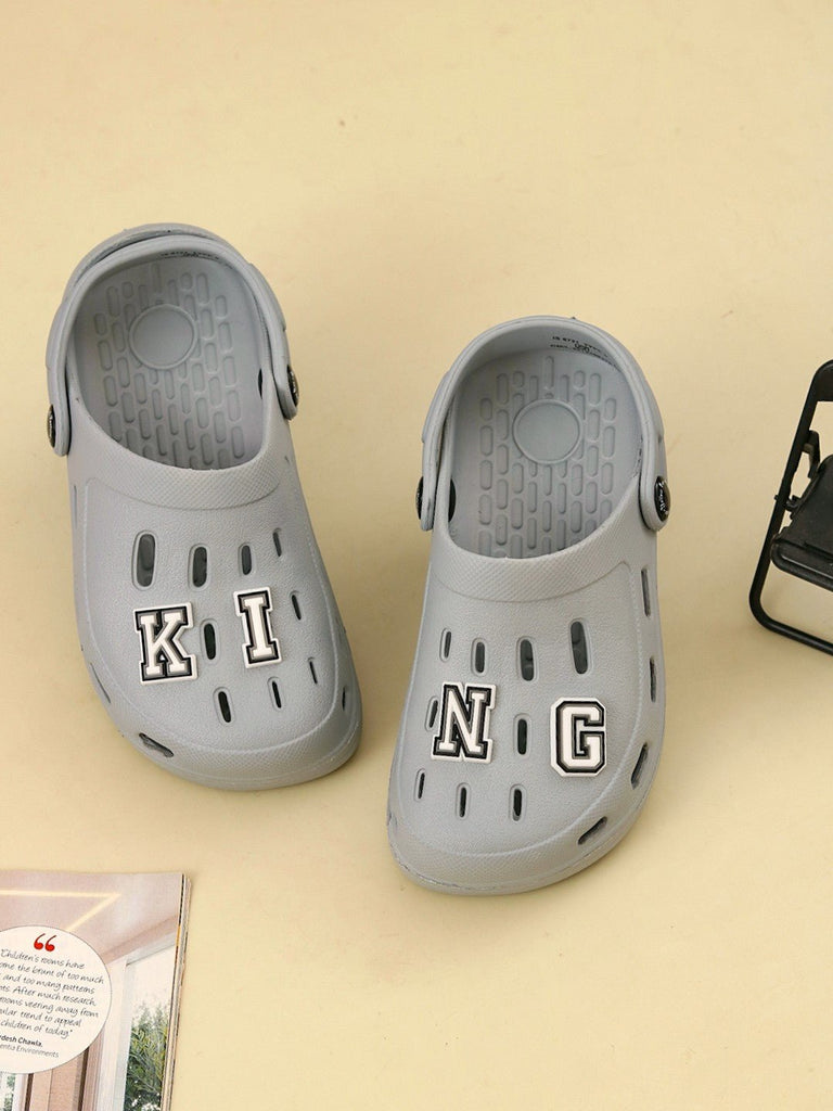 Playful & Stylish Clogs with “KING” Letter Charms for Boys- Grey-Creative View