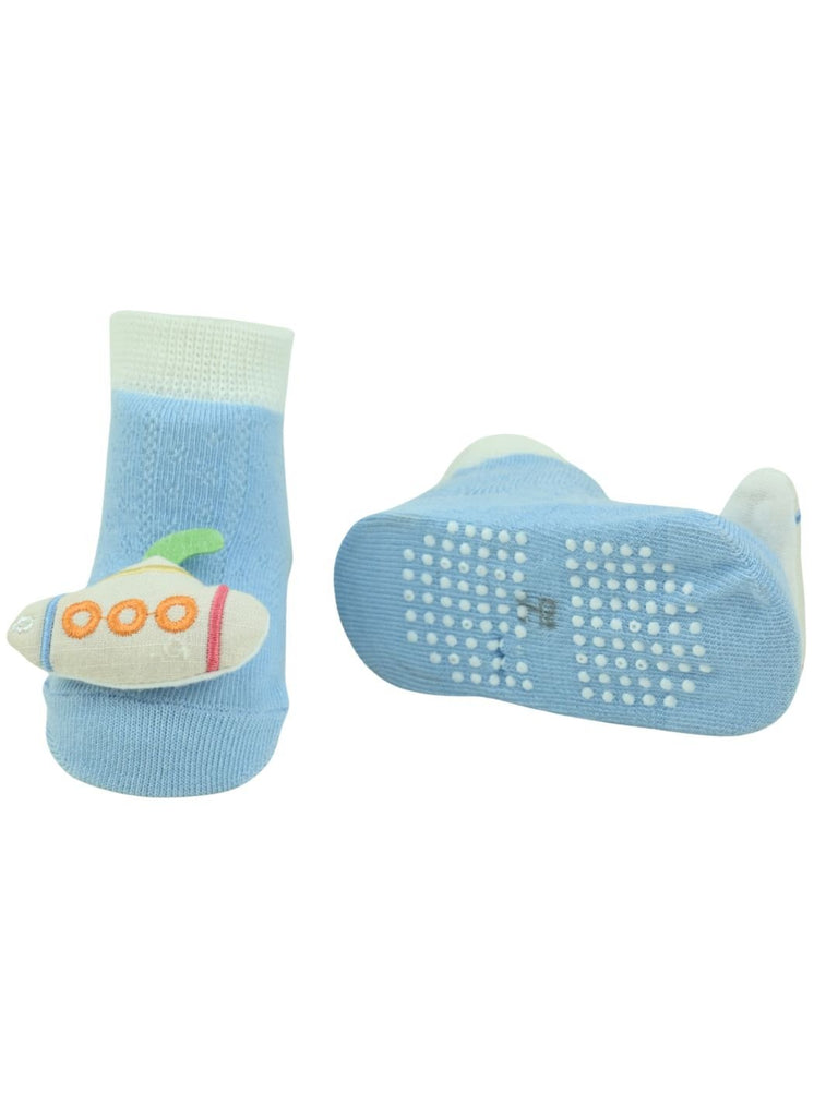 Playful Submarine Design Baby Doll Head Ankle Socks for Boys – Blue - Front & Back View
