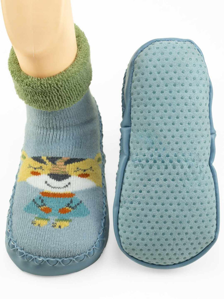 Playful Tiger Face Design Leather Socks for Boys- Blue-Front & Back view