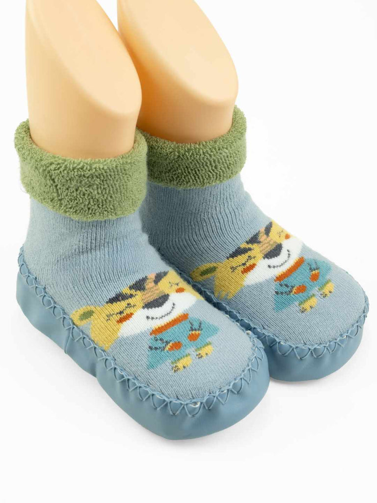 Playful Tiger Face Design Leather Socks for Boys- Blue-Angle view