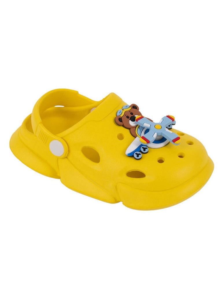 Playful Yellow Clogs with Rotating Pilot Bear & Airplane Charms for Boys-Angle View