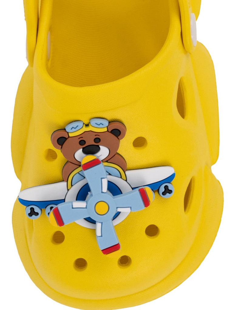 Playful Yellow Clogs with Rotating Pilot Bear & Airplane Charms for Boys-Front View