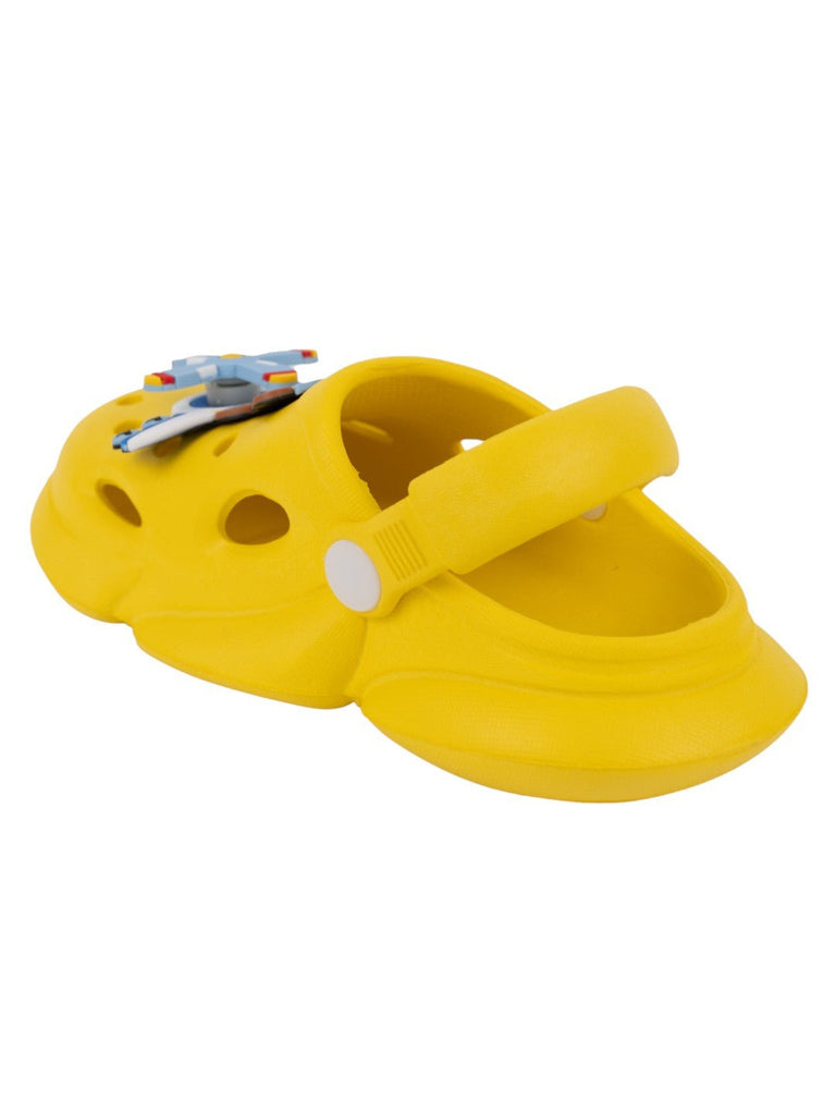 Playful Yellow Clogs with Rotating Pilot Bear & Airplane Charms for Boys-Back View