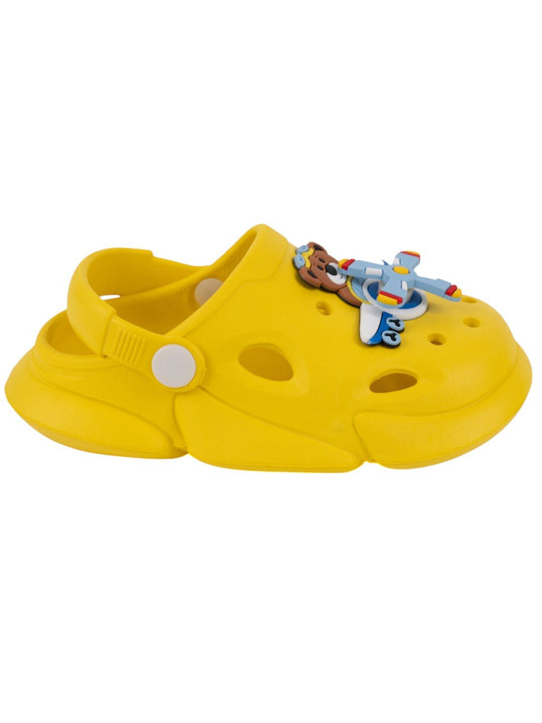 Playful Yellow Clogs with Rotating Pilot Bear & Airplane Charms for Boys-Side View