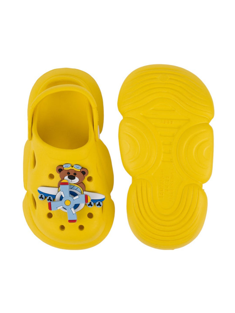 Playful Yellow Clogs with Rotating Pilot Bear & Airplane Charms for Boys-Front & Back View
