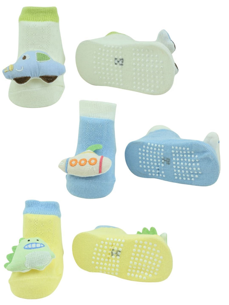 Playtime Dino, Car & Submarine Baby Ankle Socks with 3D Doll Head Designs for Boys - Multi - Front & Back View