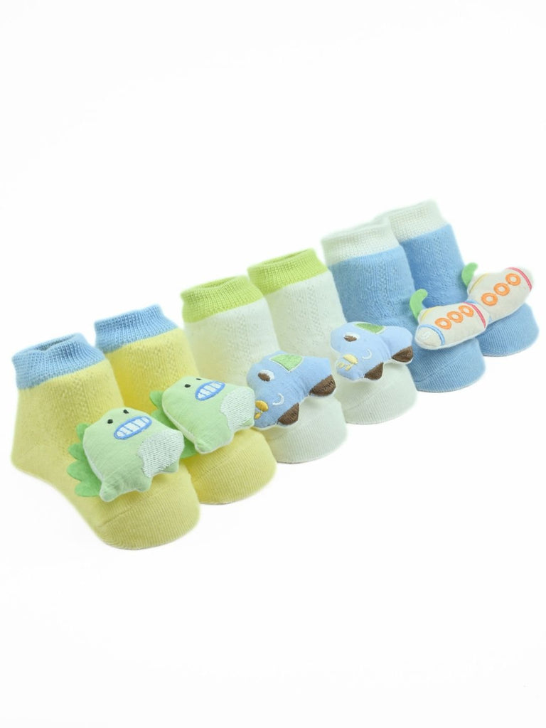 Playtime Dino, Car & Submarine Baby Ankle Socks with 3D Doll Head Designs for Boys - Multi - Angle View
