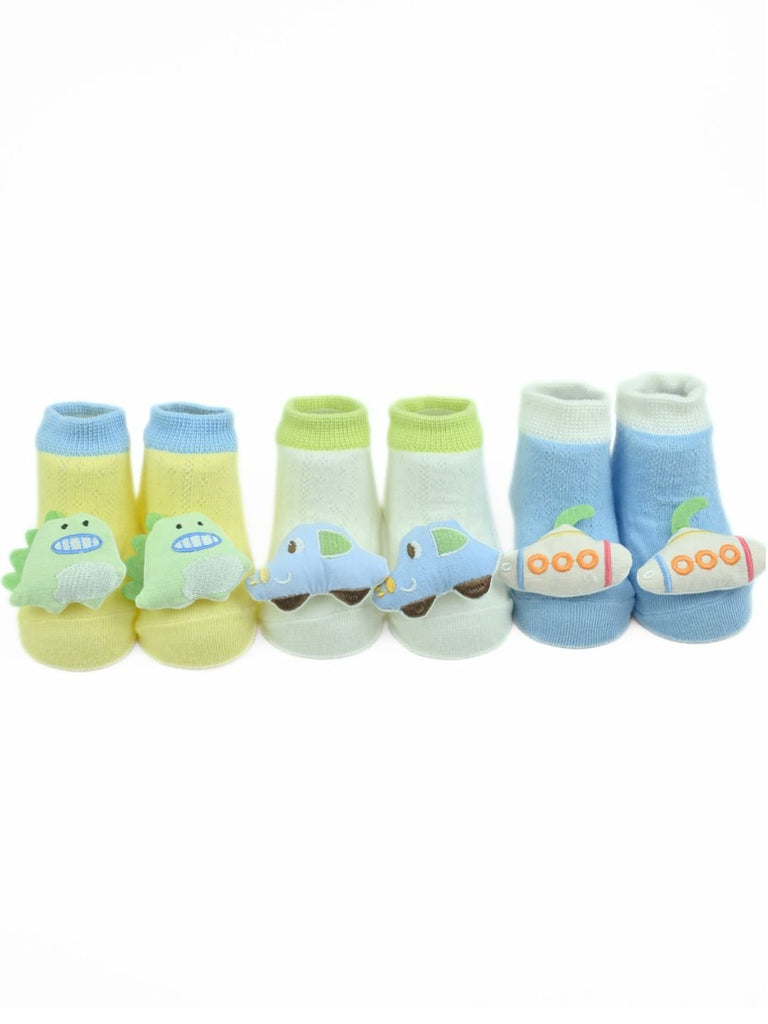 Playtime Dino, Car & Submarine Baby Ankle Socks with 3D Doll Head Designs for Boys - Multi - Front View