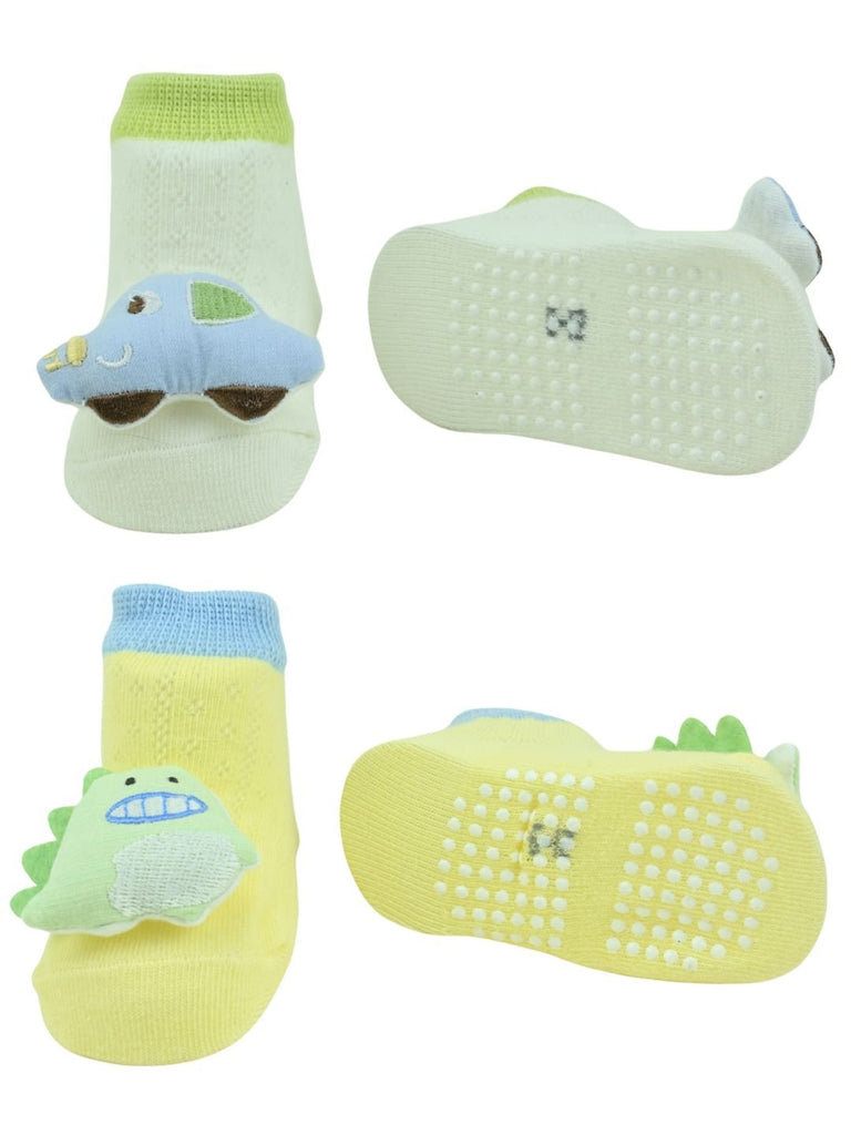 Playtime Dino & Car 3D Doll Head Baby Ankle Socks for Boys - Multi - Front & Back View