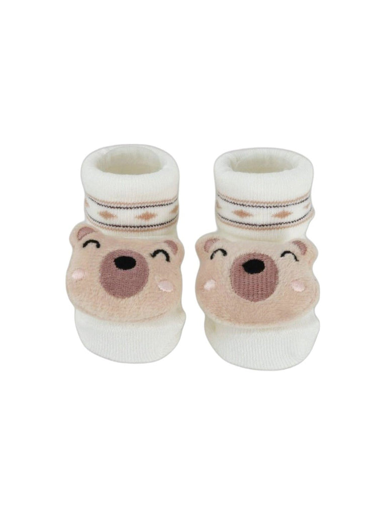 An upper view showcasing the overall design of the plush bear baby socks.