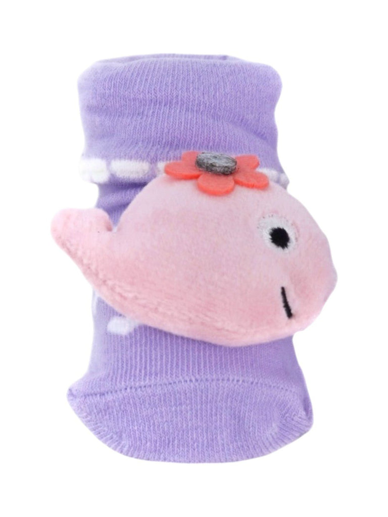 Plush Whale Baby Socks – Soft and Adorable with Flower Accent – Closeup view