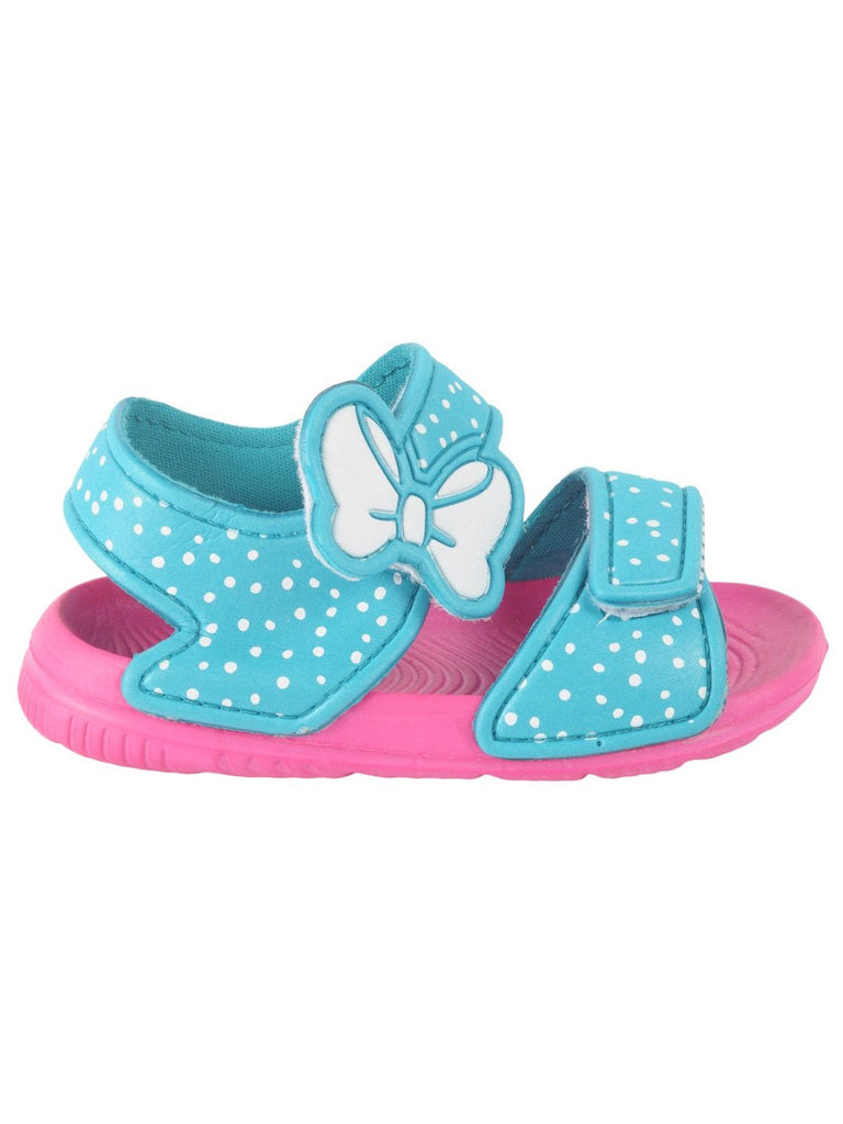 Polka Dot Butterfly Adjustable Sandals for Girls - Blue and Pink, side view.