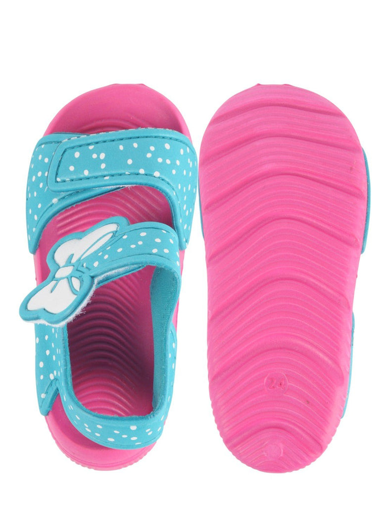 Polka Dot Butterfly Adjustable Sandals for Girls - Blue and Pink, front and back view.