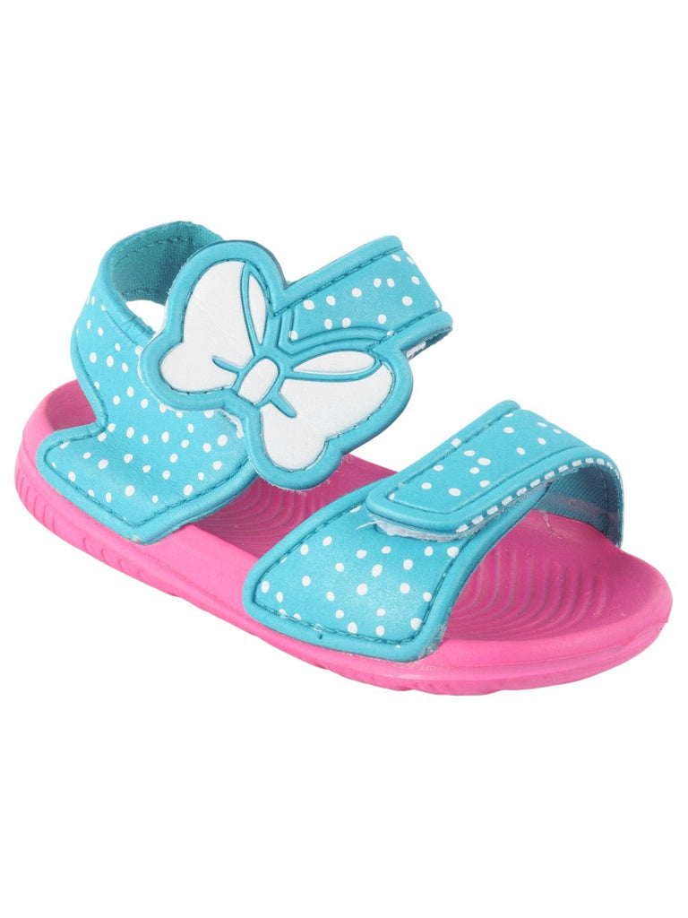 Polka Dot Butterfly Adjustable Sandals for Girls - Blue and Pink, angle view.