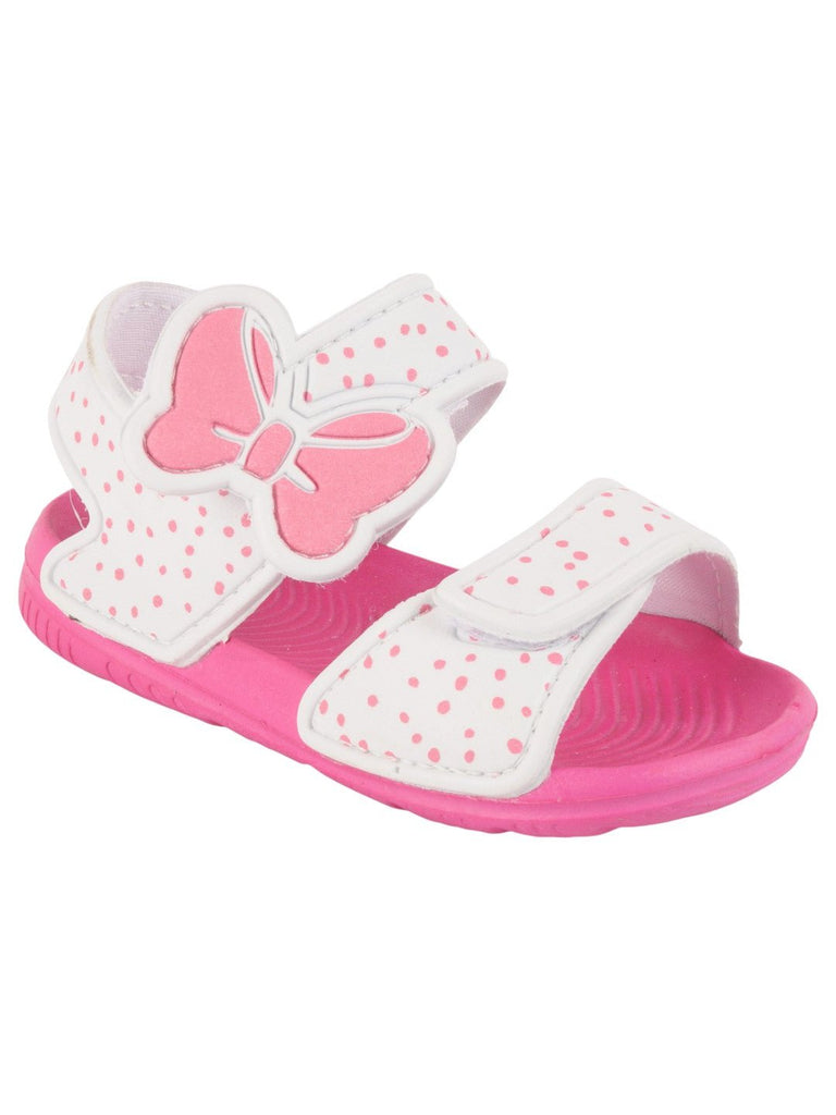 polka Dot Butterfly Adjustable Sandals for Girls - White and Pink angle view.