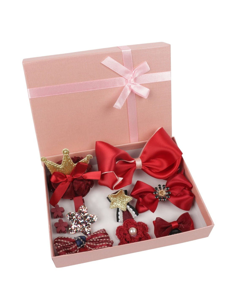 Creative layout of Yellow Bee’s Premium Hair Accessories Box Set in Red and Peach Designs.