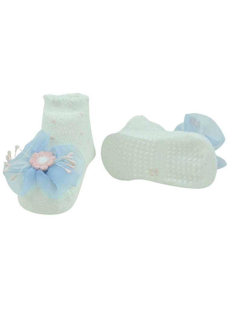 Pretty Baby Cotton Socks with Flower Design for Girls - Multi - Front & Back View