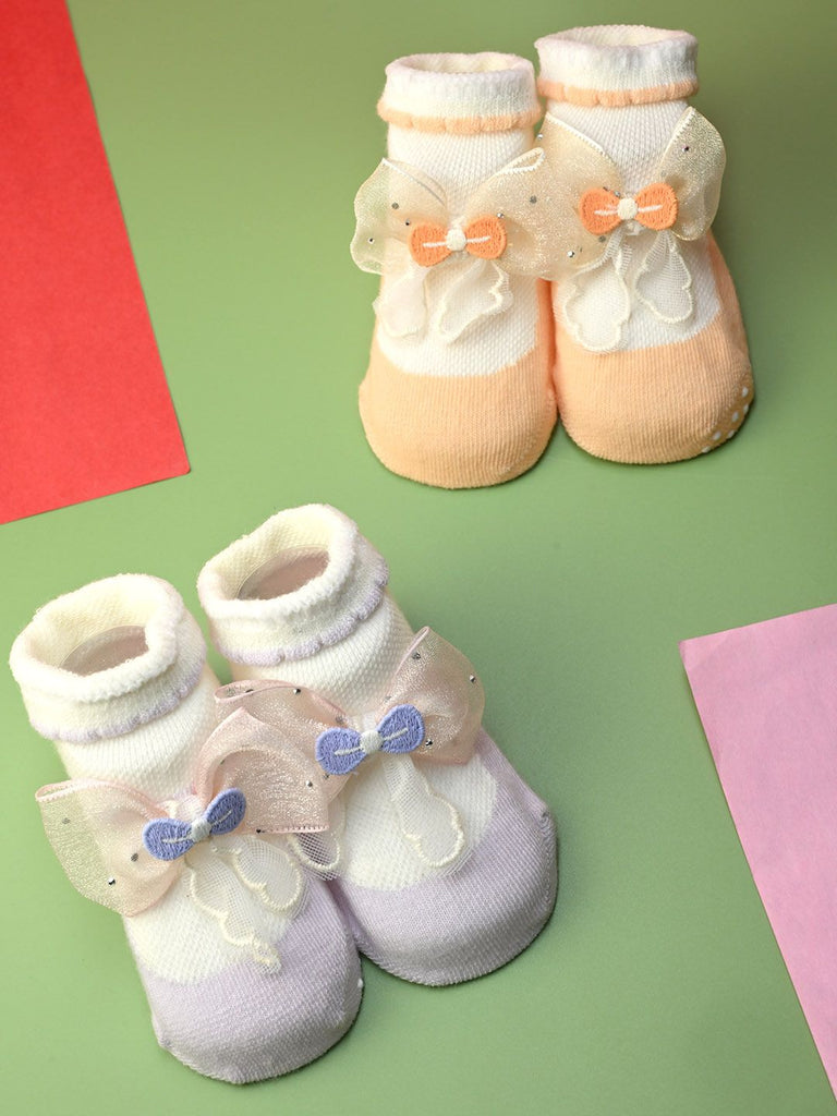 Pretty Bow Appliqué Cotton Baby Socks for Girls - Orange & Purple - Creative View
