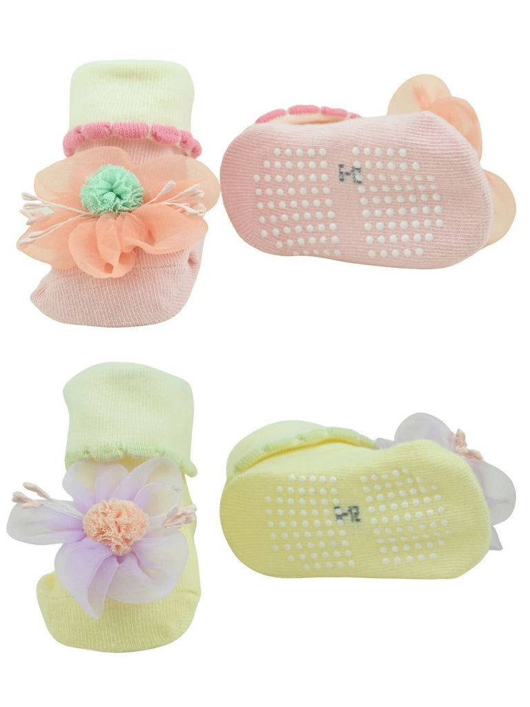 Pretty Floral Appliqué 3D Baby Ankle Socks for Girls - Multi - Front & Back View