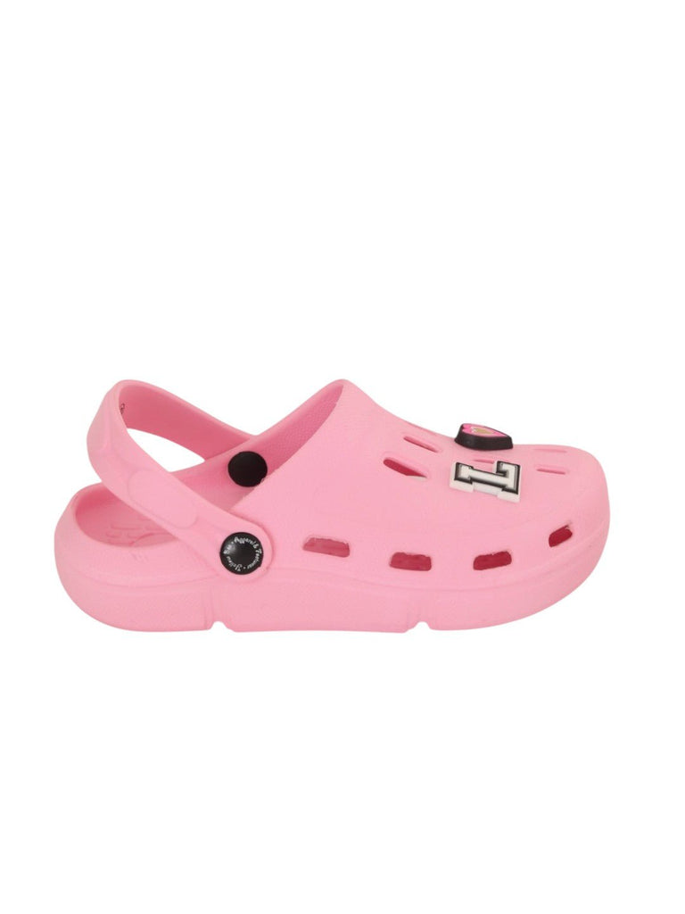 Pretty Pink Clogs with “LOVE” Letter & Heart Charms for Girls-Side View