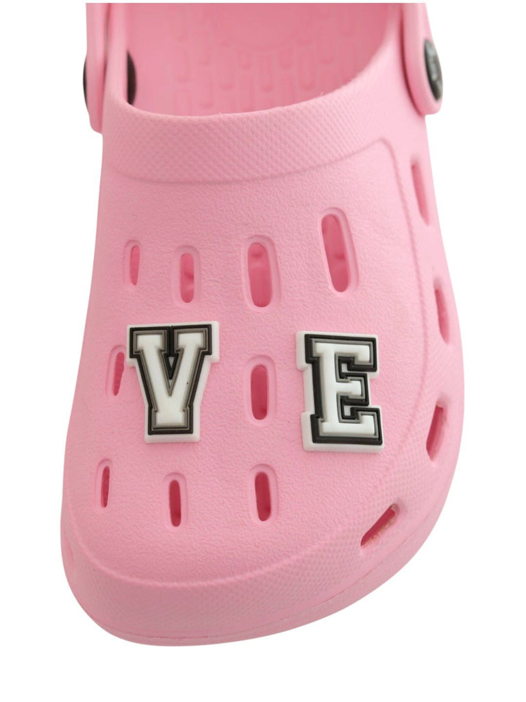 Pretty Pink Clogs with “LOVE” Letter & Heart Charms for Girls-Front View