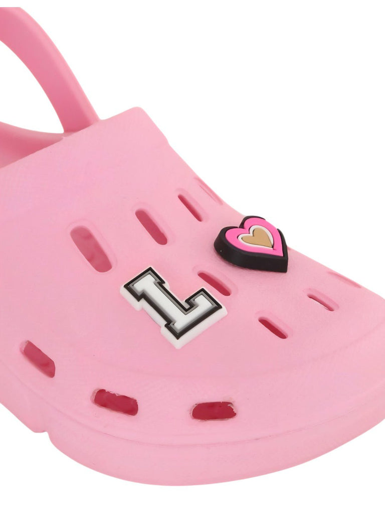 Pretty Pink Clogs with “LOVE” Letter & Heart Charms for Girls-Close up view