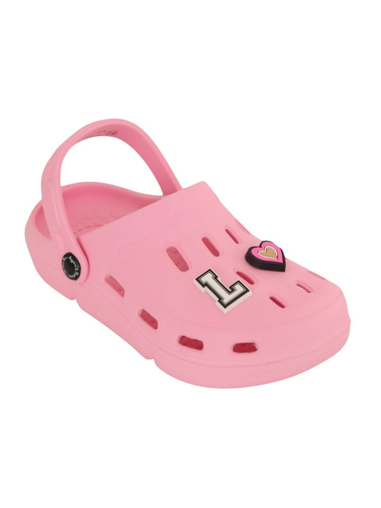 Pretty Pink Clogs with “LOVE” Letter & Heart Charms for Girls-Angle View