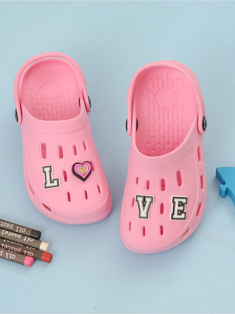 Pretty Pink Clogs with “LOVE” Letter & Heart Charms for Girls-Creative View