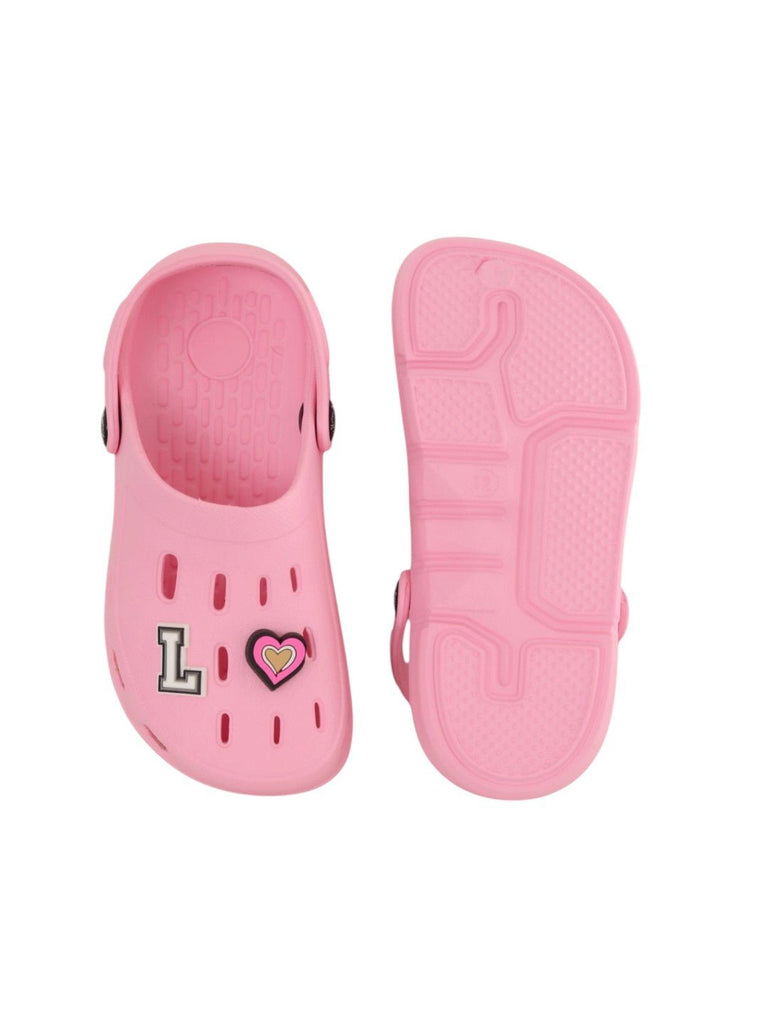 Pretty Pink Clogs with “LOVE” Letter & Heart Charms for Girls-Front & Back View