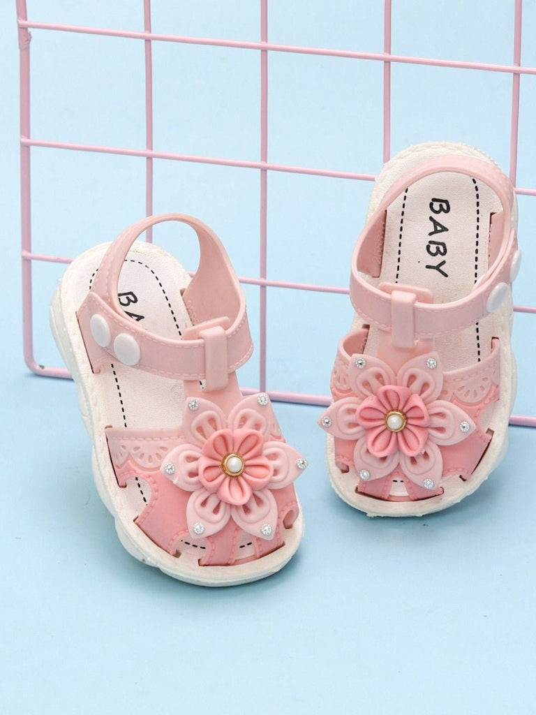 Creative display of Pretty Pink Floral Sandals with Pearl Accents For Girls