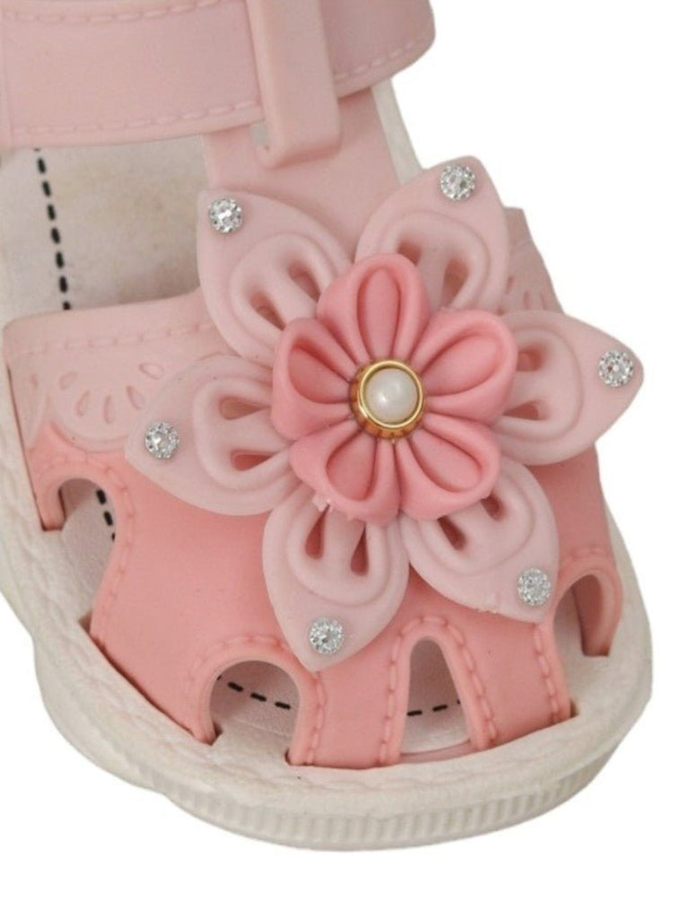 Close-up view of the pearl and floral details on Pretty Pink Floral Sandals for Girls