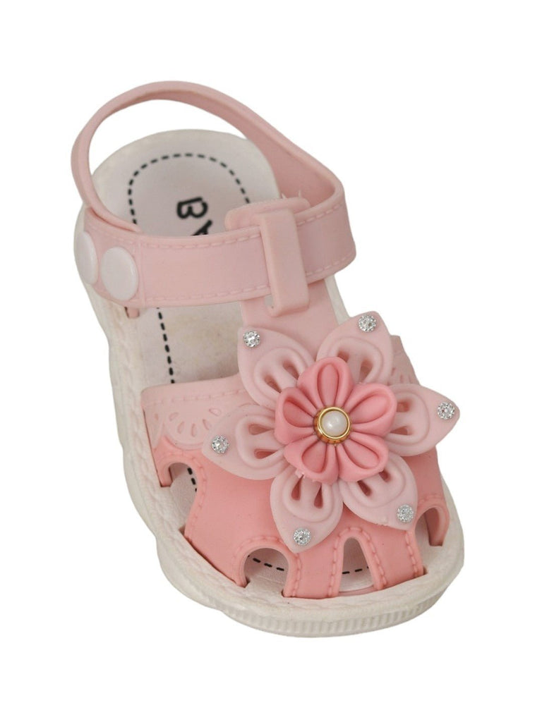 Side view of Pretty Pink Floral Sandals with Pearl Accents For Girls