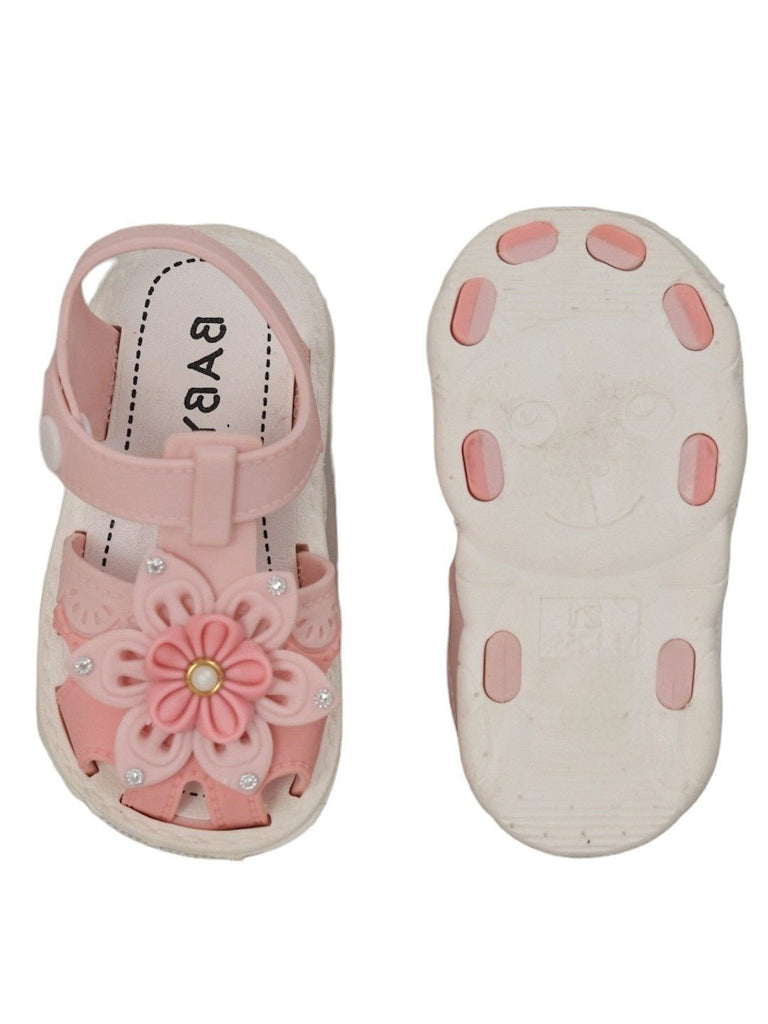 Front and back view of Pretty Pink Floral Sandals with Pearl Accents For Girls