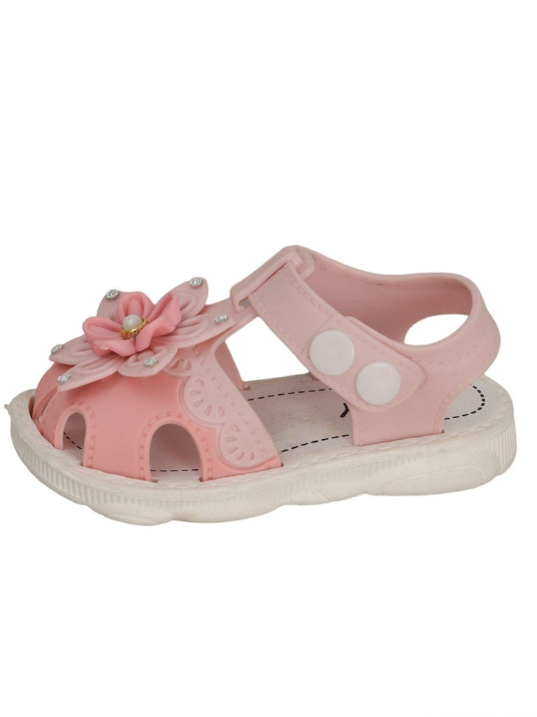 Side angle view of Pretty Pink Floral Sandals with Pearl Accents For Girls