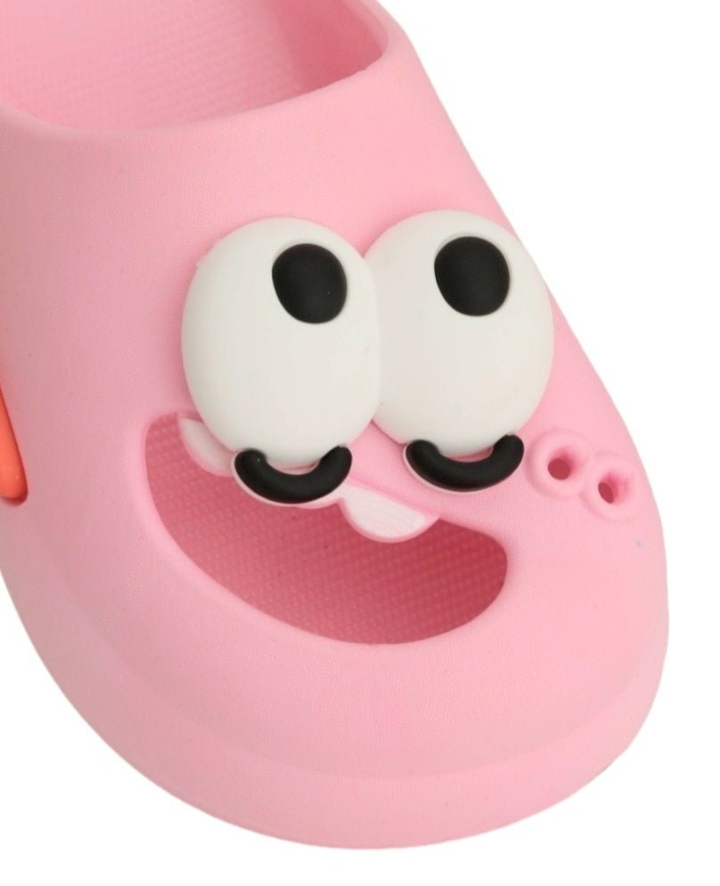 Close-up of the delightful dinosaur details on Pretty Pink Sliders for girls