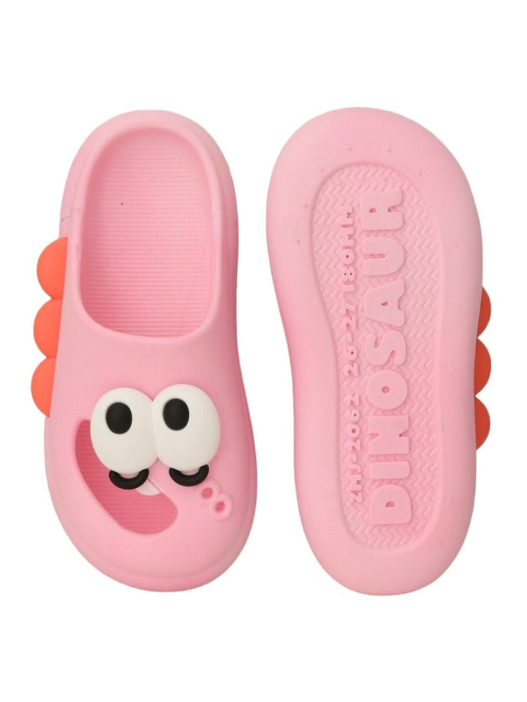 Back and front views of Pretty Pink Sliders for girls, highlighting the dinosaur details and flat heel