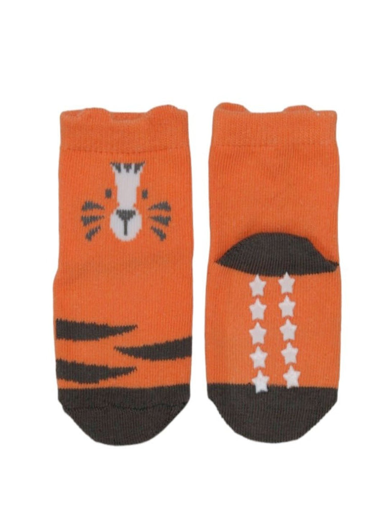 Bottom view of orange baby boy socks with Tiger Print showcasing anti-slip texture.