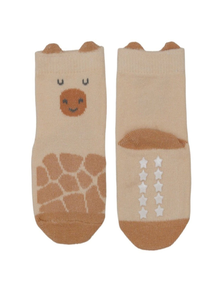 Sole view of beige baby socks with Animal Print, highlighting the non-slip design.