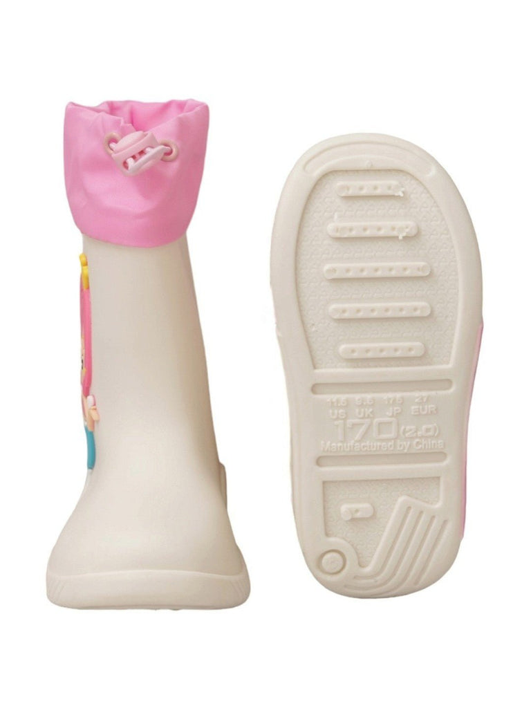 Full Front & Back view of Princess White Mermaid Rain Boot showing ergonomic design and flexible outsole