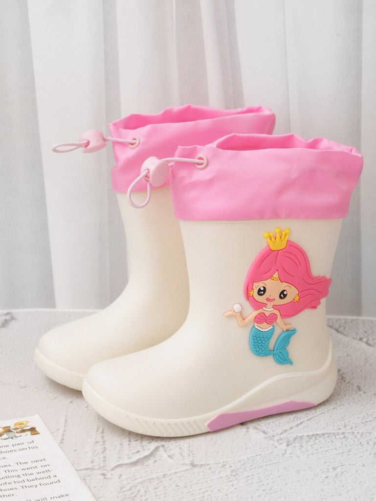 Elegant display of Princess White Mermaid Rain Boots by Yellow Bee for girls near a window setting