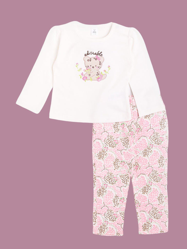 Full outfit view of the ToffyHouse Bear Top paired with Pink Patterned Pants for baby girls.