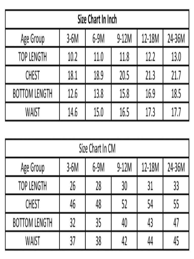 Size chart for ToffyHouse baby girls' dress and pants set showing top length, chest, bottom length, and waist measurements for ages 3-6M, 6-9M, 9-12M, 12-18M, and 24-36M.