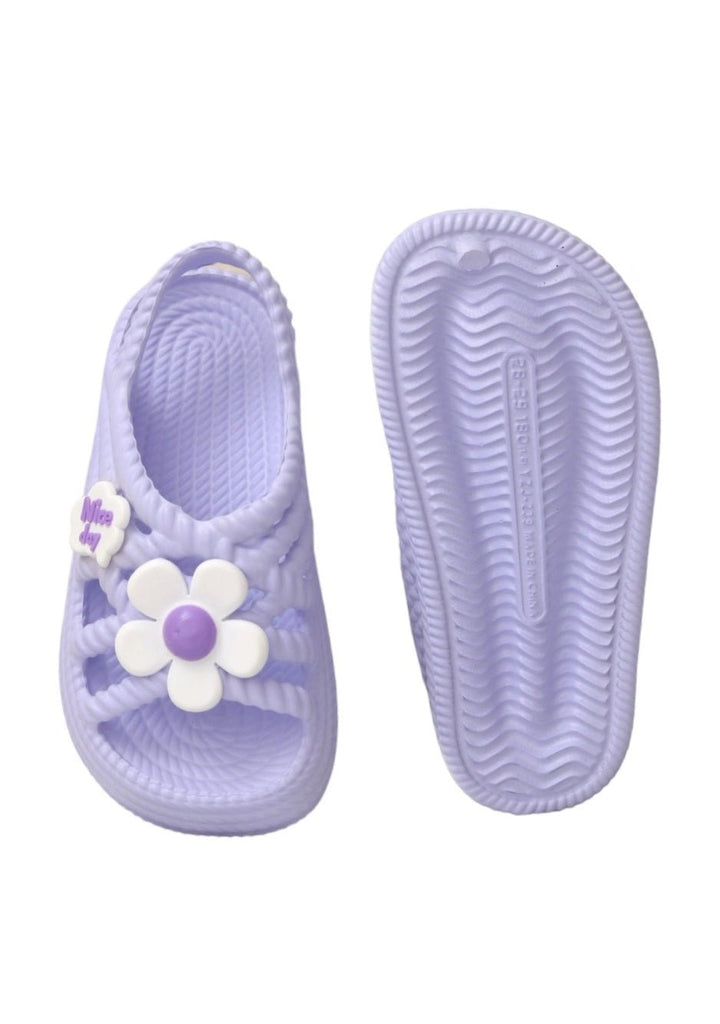 Top and Bottom View of Yellow Bee Kids' Purple Flower Clogs
